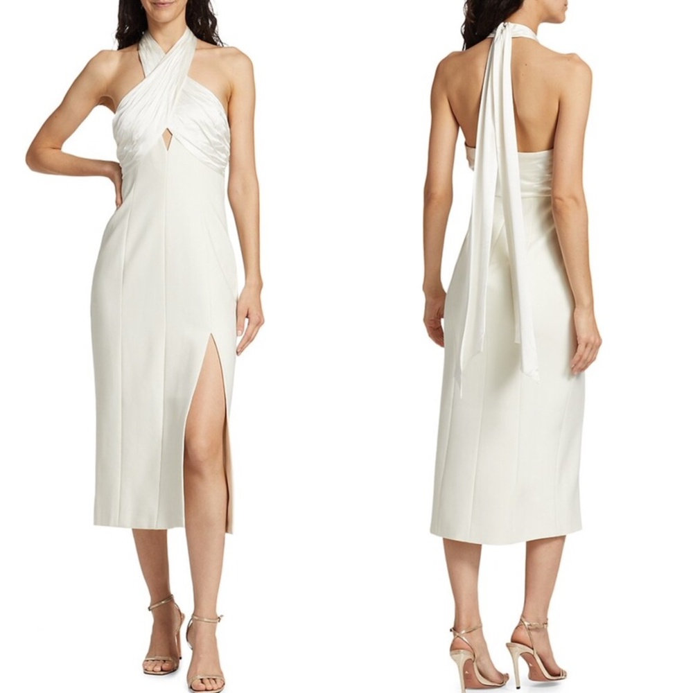 NEW Cinq à Sept IVORY Archer SATIN Crossover-Neck FRONT SLIT Midi DRESS 0